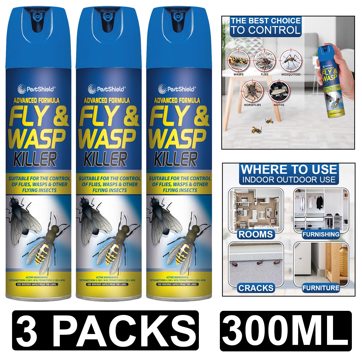 3X PestShield Fly & Wasp Killer Spray 300ml Pest Control