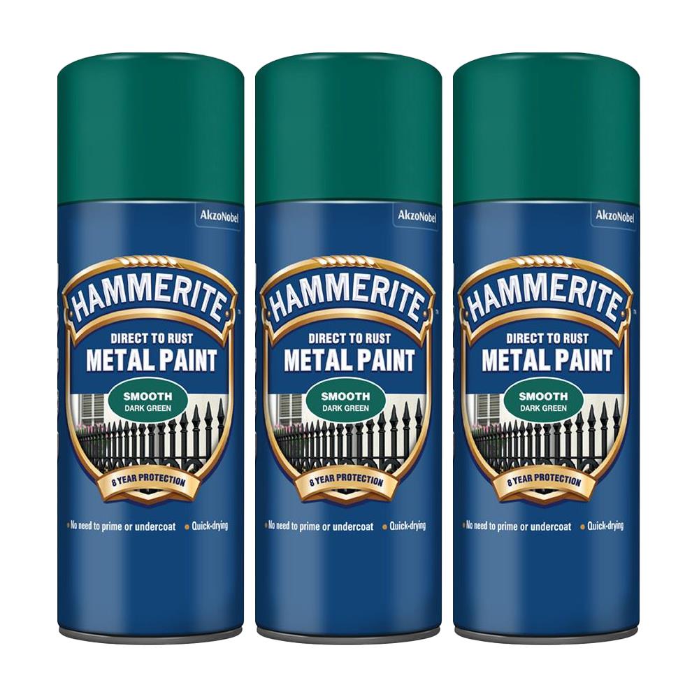 3X Hammerite Smooth Dark Green Spray Paint 400ml Spray Paint
