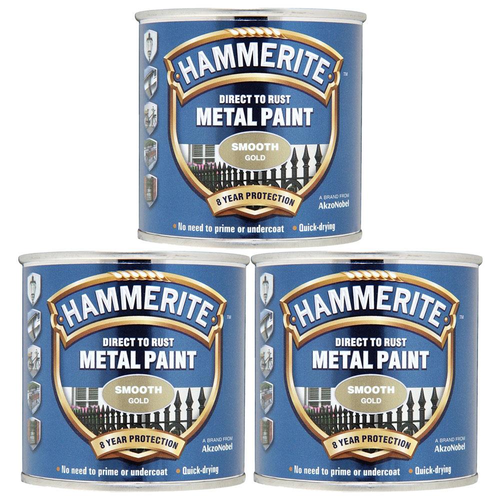 3X Hammerite Smooth Gold Paint 250ml Tin Paint
