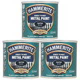 3X Hammerite Satin Black Paint 250ml Tin Paint