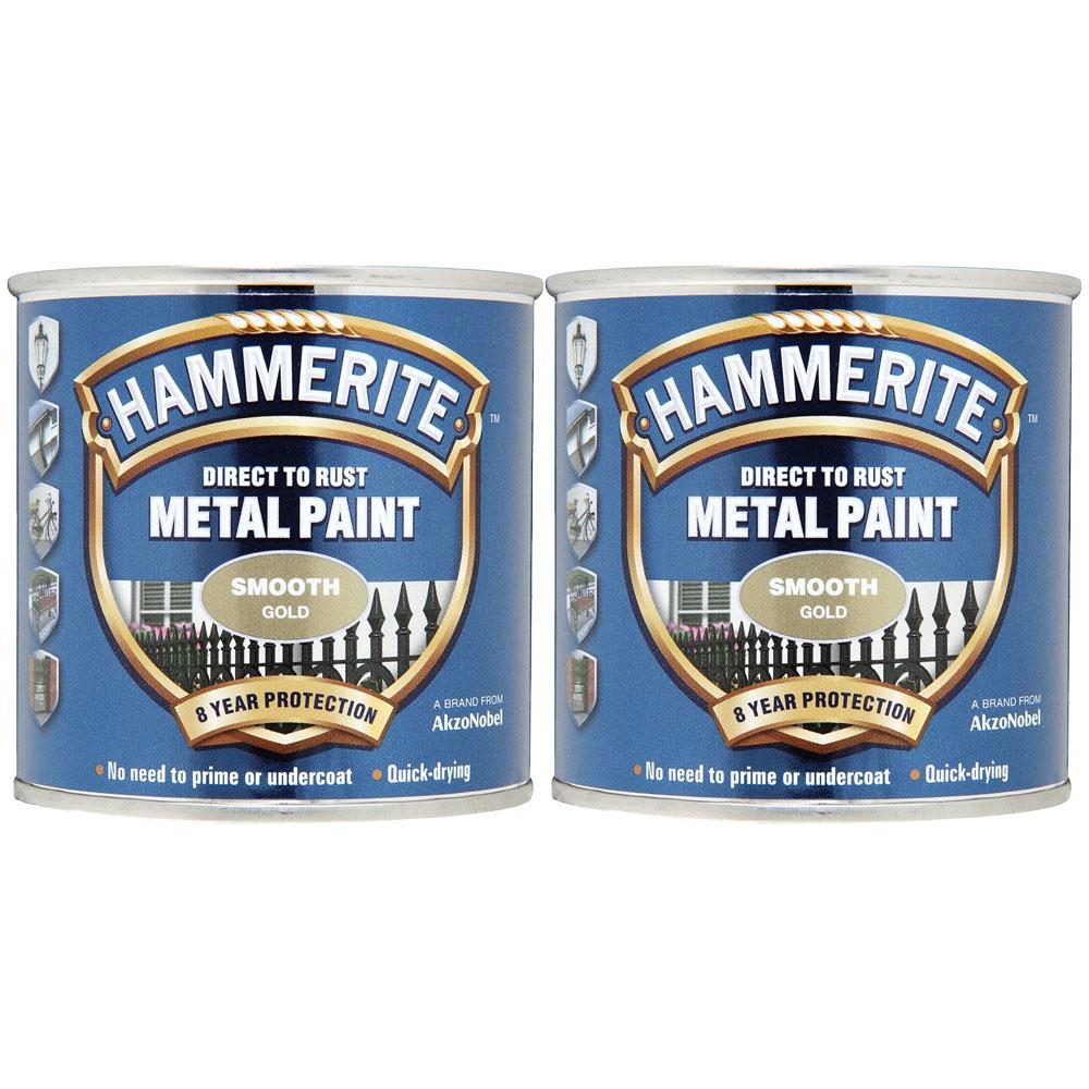 2X Hammerite Smooth Gold Paint 250ml Tin Paint