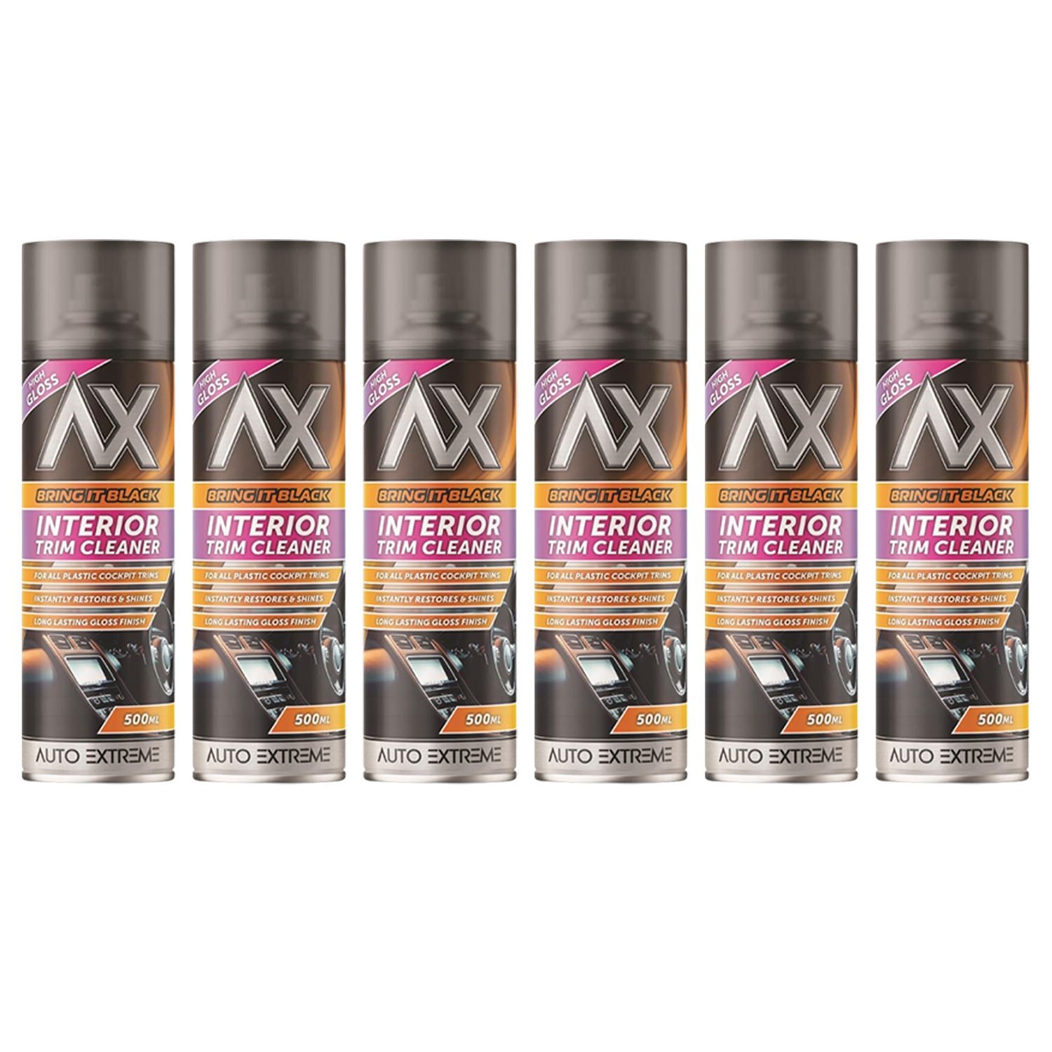 Auto Extreme black gloss interior trim cleaner spray cans designed for automotive use