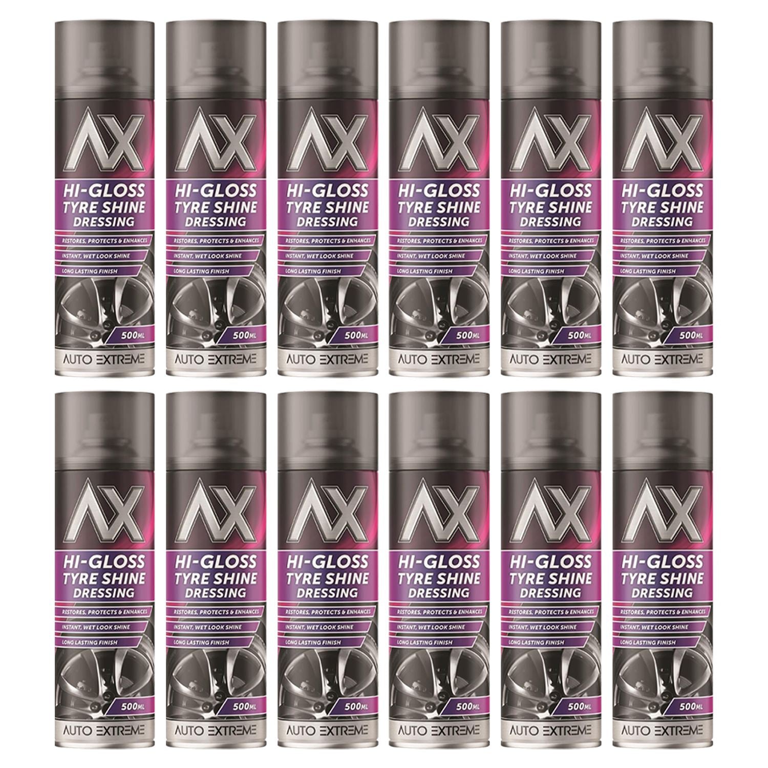 Auto Extreme Hi-Gloss Tyre Shine Spray UK in a bulk display for maintaining shiny tyres