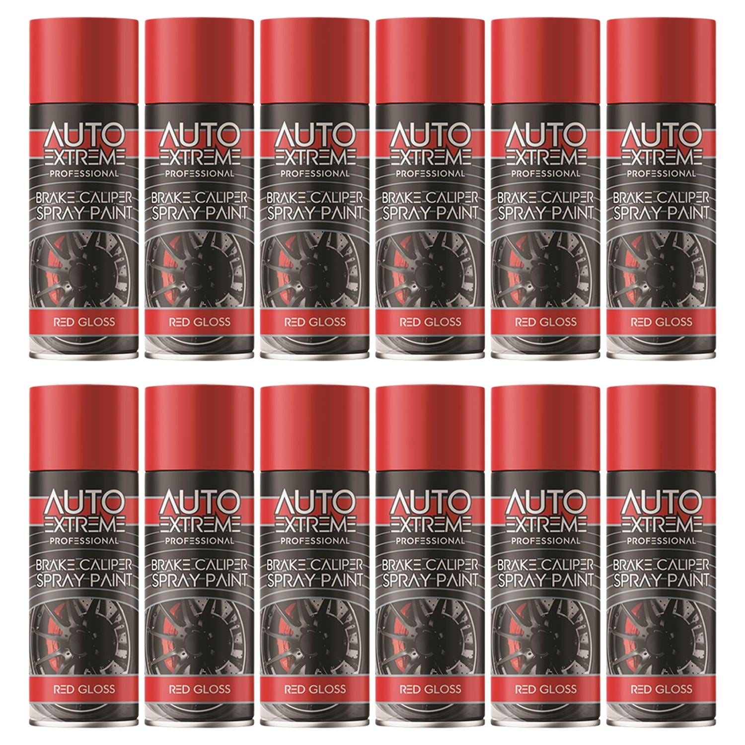 Auto Extreme red brake caliper spray paint cans arranged neatly, ideal for car enthusiasts and DIY projects