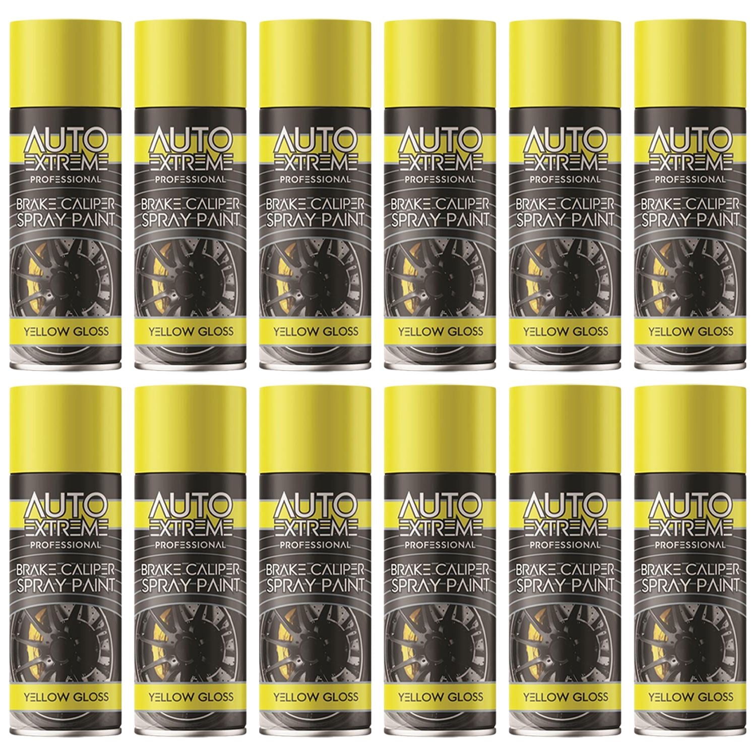 Auto Extreme yellow brake caliper spray paint in glossy finish, pack of 12 cans for car enthusiasts