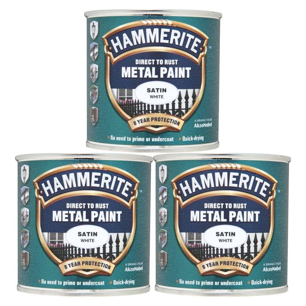 3X Hammerite Satin White Paint 250ml Tin Paint