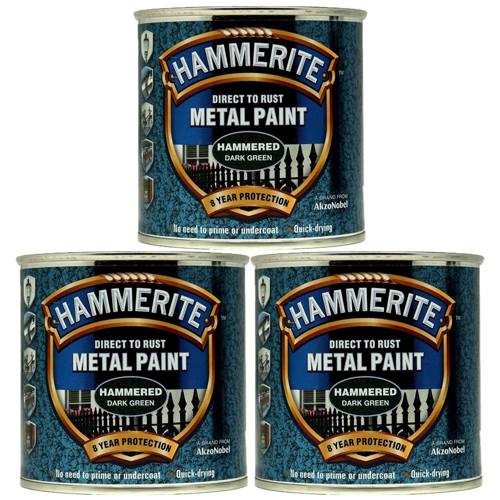 3X Hammerite Hammered Dark Green Paint 250ml Tin Paint