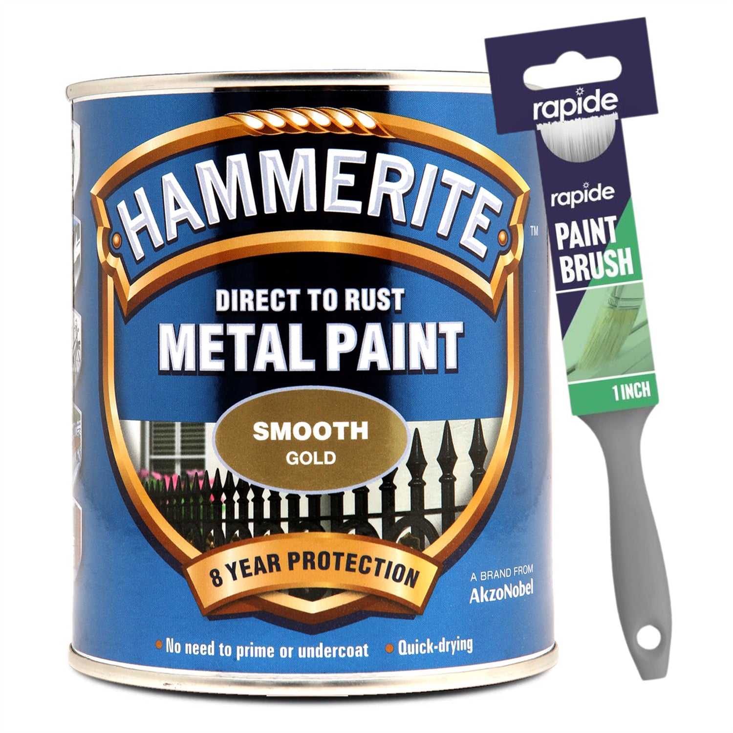 Hammerite Smooth Gold Paint 750ml With 1" Paint Brush Tin Paint