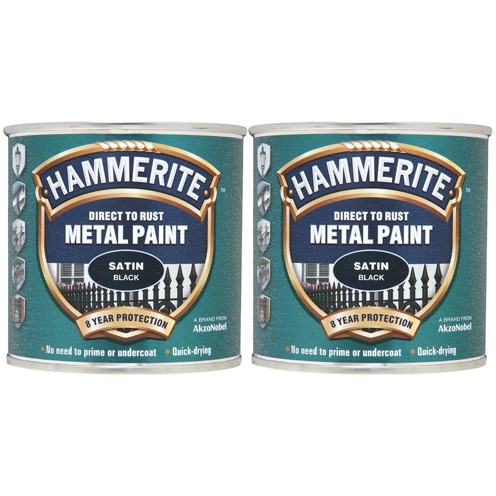 2X Hammerite Satin Black Paint 250ml Tin Paint