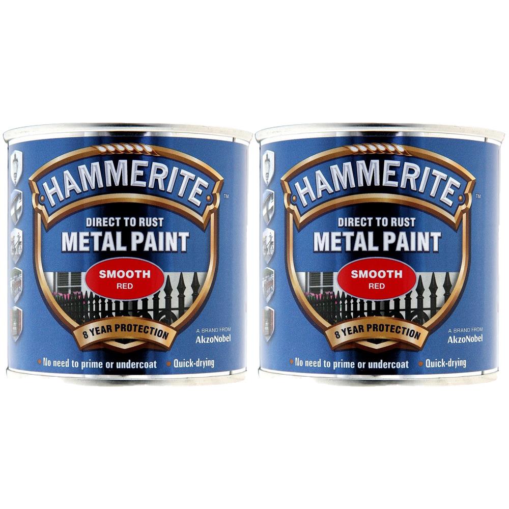 2X Hammerite Smooth Red Paint 250ml Tin Paint