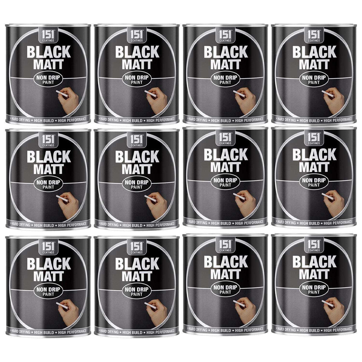 12X Matt Black Non-Drip Paint 300ml Tin Paint