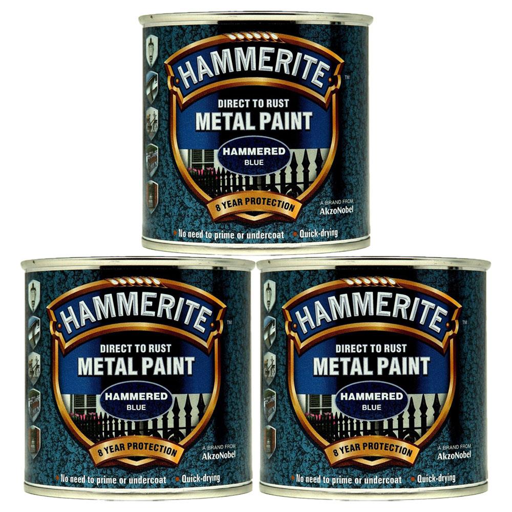 3X Hammerite Hammered Blue Paint 250ml Tin Paint