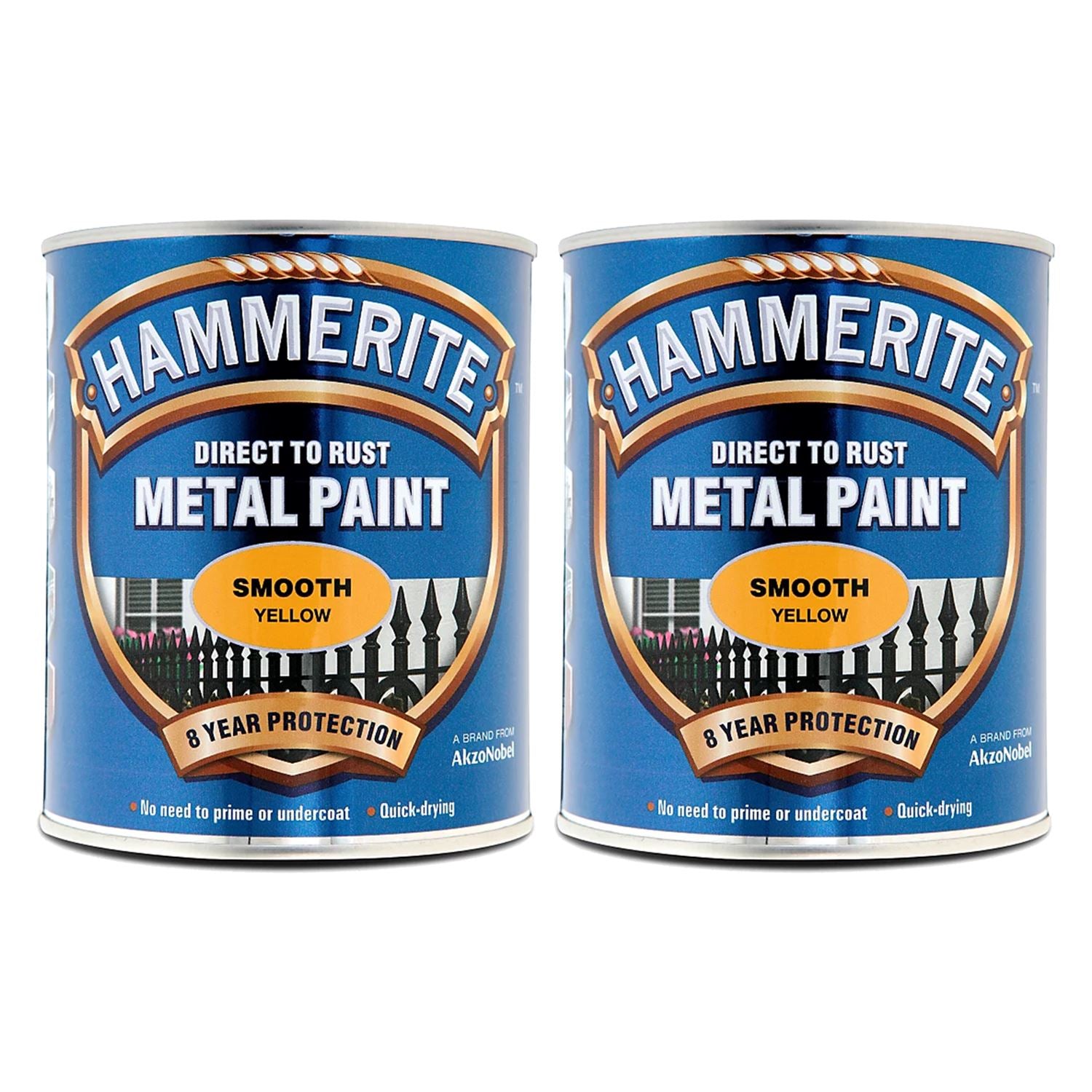 2X Hammerite Smooth Yellow Paint 750ml Tin Paint
