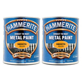 2X Hammerite Smooth Yellow Paint 750ml Tin Paint