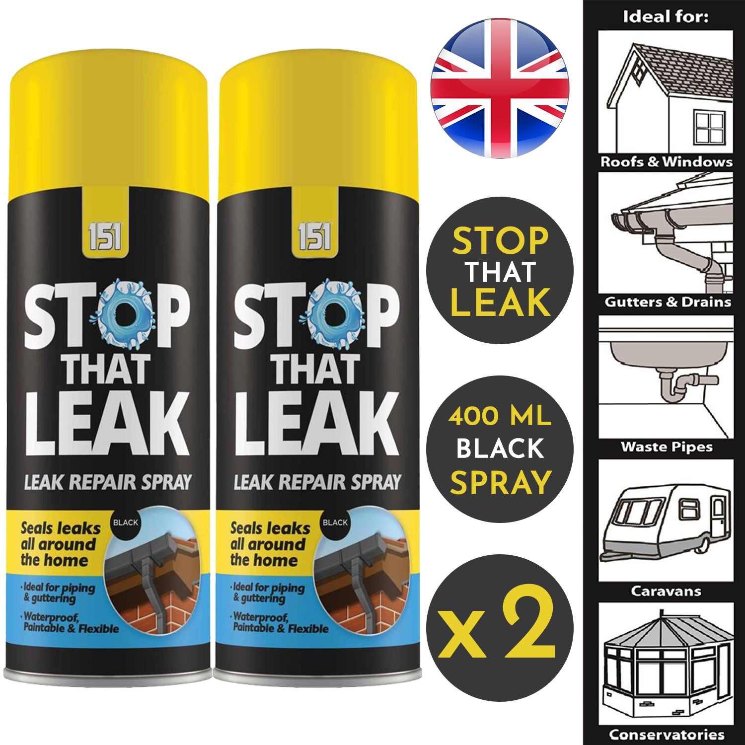 2X 151 Stop That Leak Black Spray 400ml Sealant