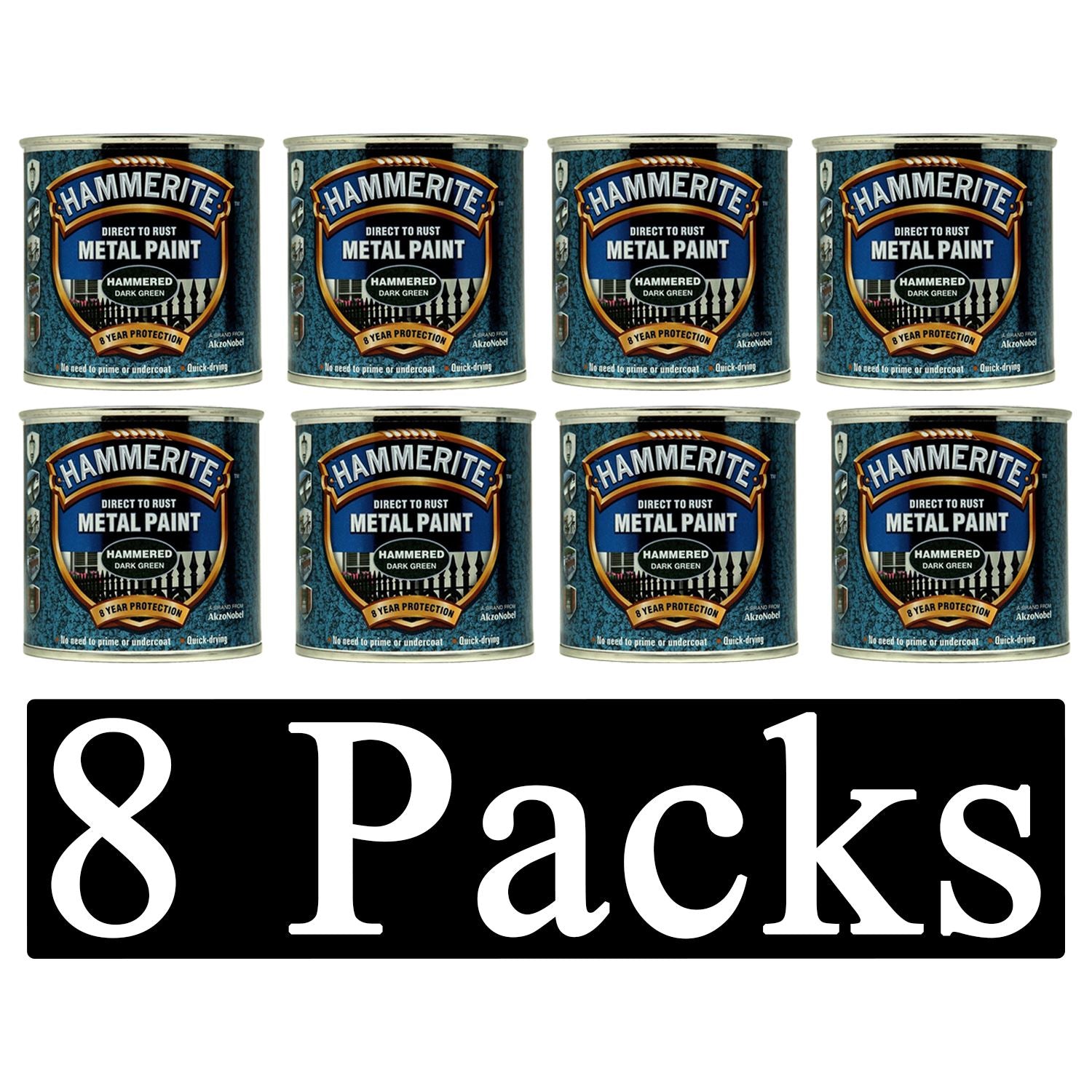 8X Hammerite Hammered Dark Green Paint 250ml Tin Paint