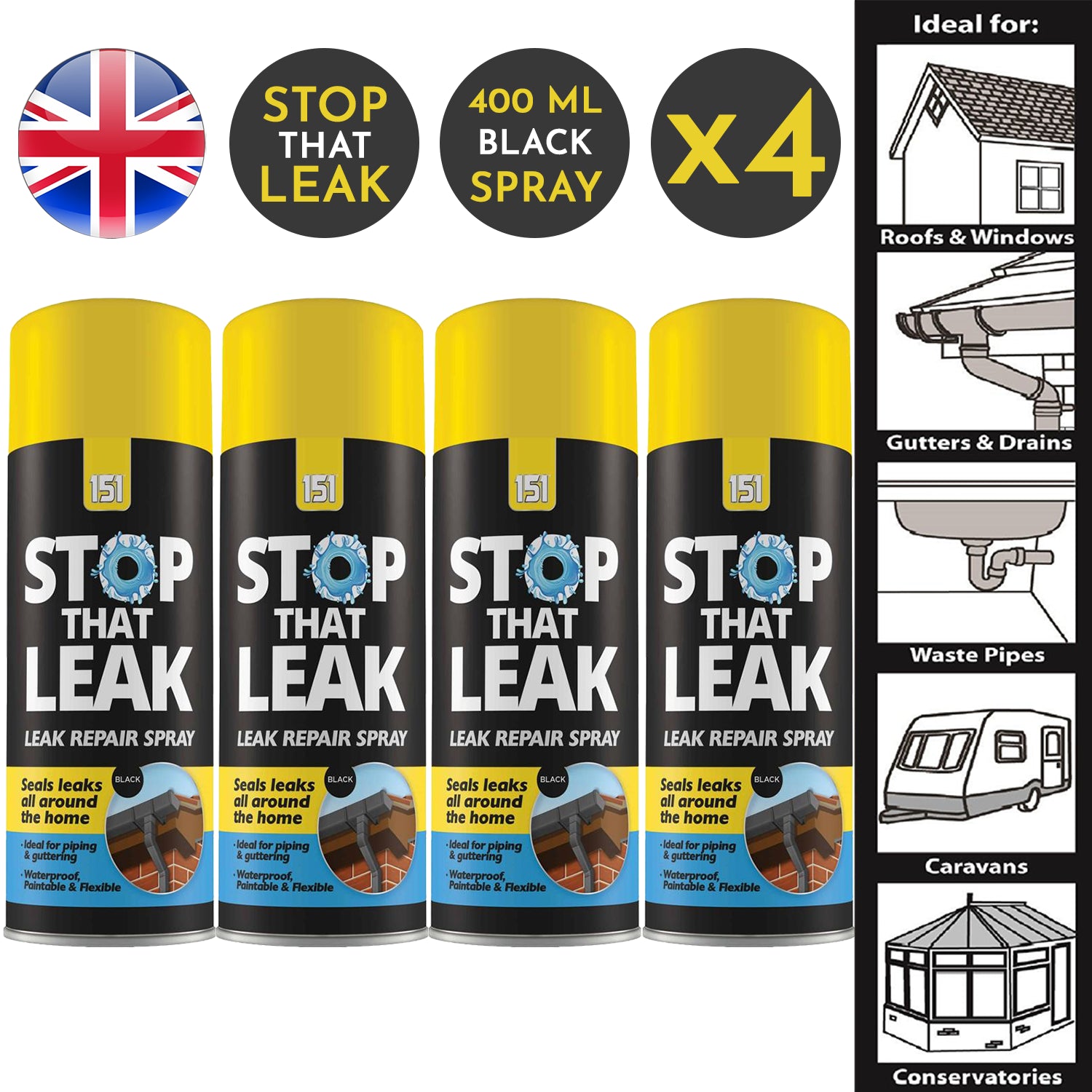 4X 151 Stop That Leak Black Spray 400ml Sealant
