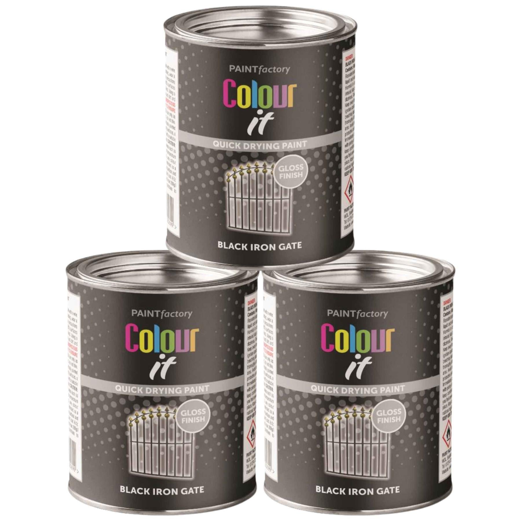 3X Paint Factory Black Iron Gate Gloss Tin Paint 300ml Tin Paint