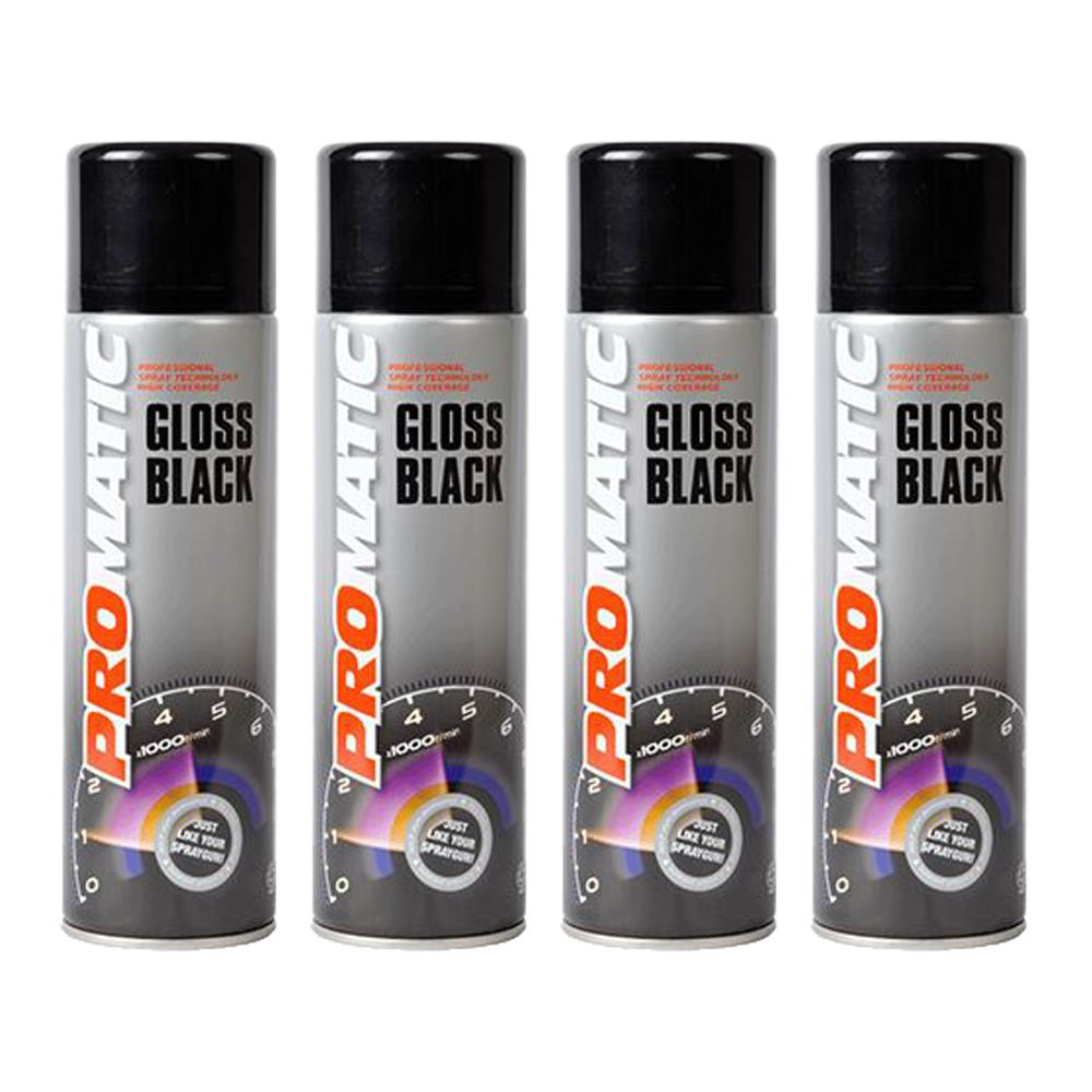 4X Promatic Gloss Black Spray Paint 500ml Spray Paint