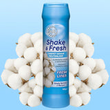 Duzzit carpet odour neutraliser fresh linen in a blue container with cotton background for effective deodorising