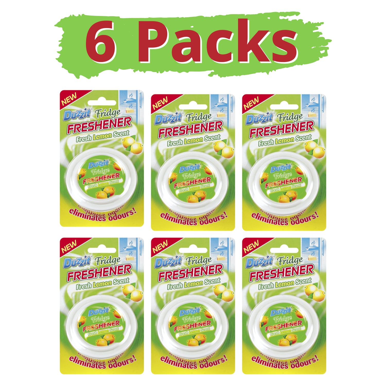 Six packs of lemon scented fridge freshener designed to eliminate odours and keep your fridge fresh