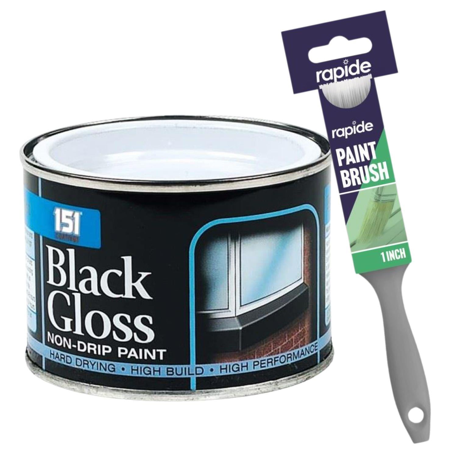 Non-Drip Black Gloss Paint Tin 180ml With 1" Paint Brush Tin Paint