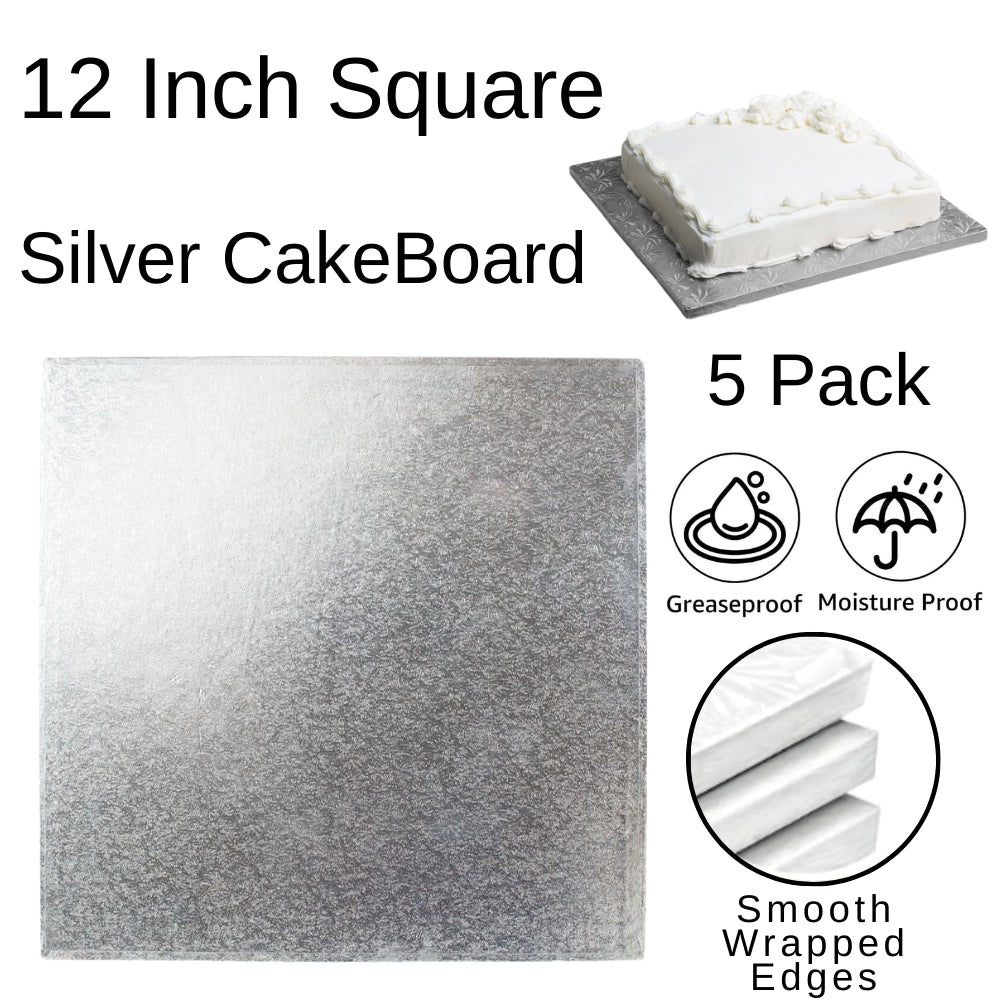 5 Boards - 12" Square Silver Double Thick Cards Cake Board