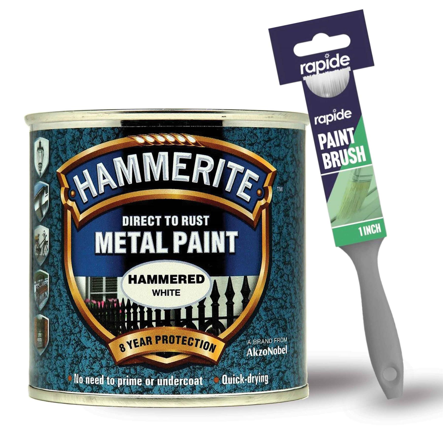 Hammerite Hammered White Metal Paint 250ml With 1" Paint Brush