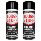 2X Paint Factory Tough Stuff Enamel Black Matt 400ml Spray Paint