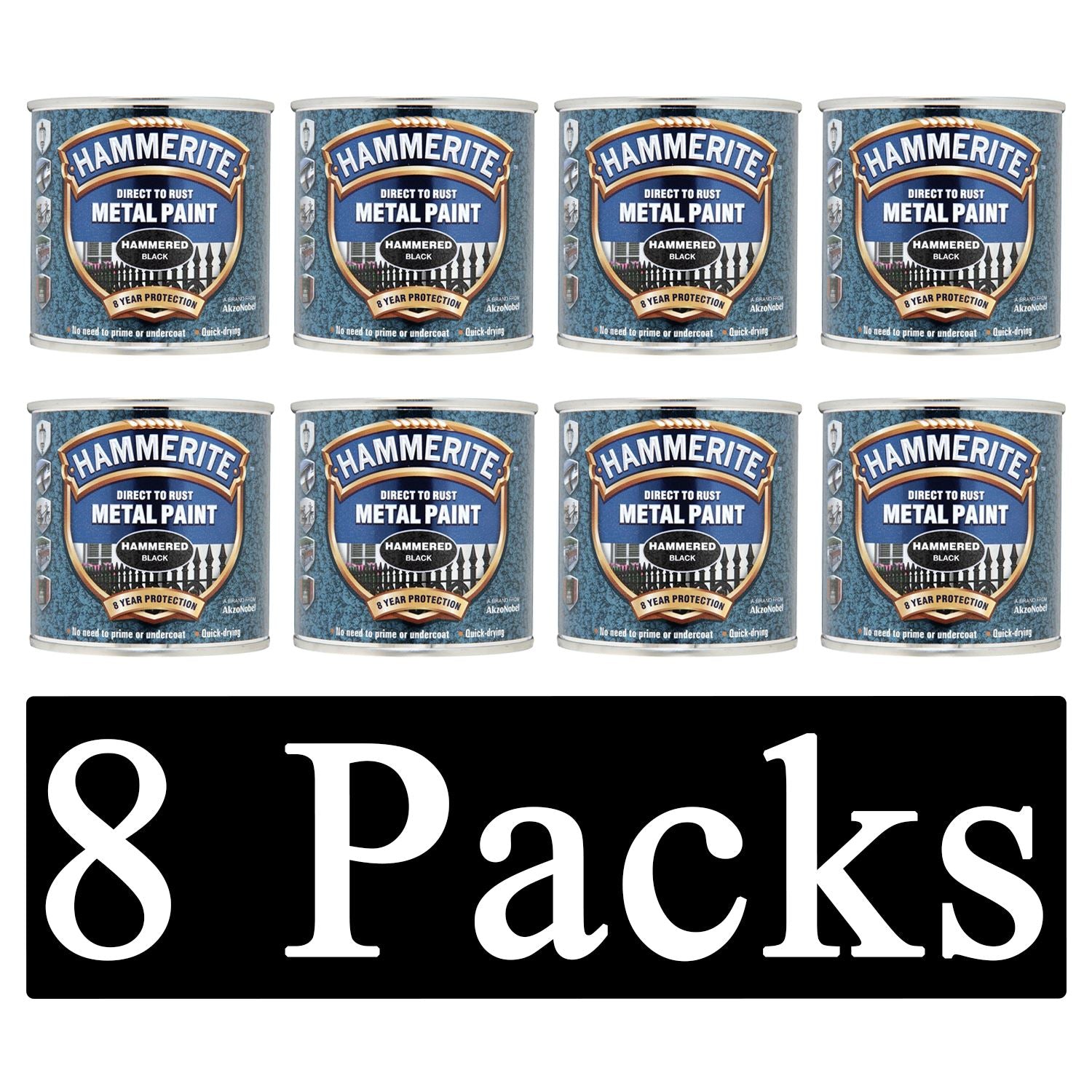 8X Hammerite Hammered Black Paint 250ml Tin Paint