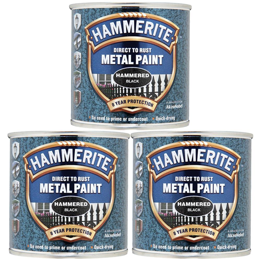3X Hammerite Hammered Black Paint 250ml Tin Paint