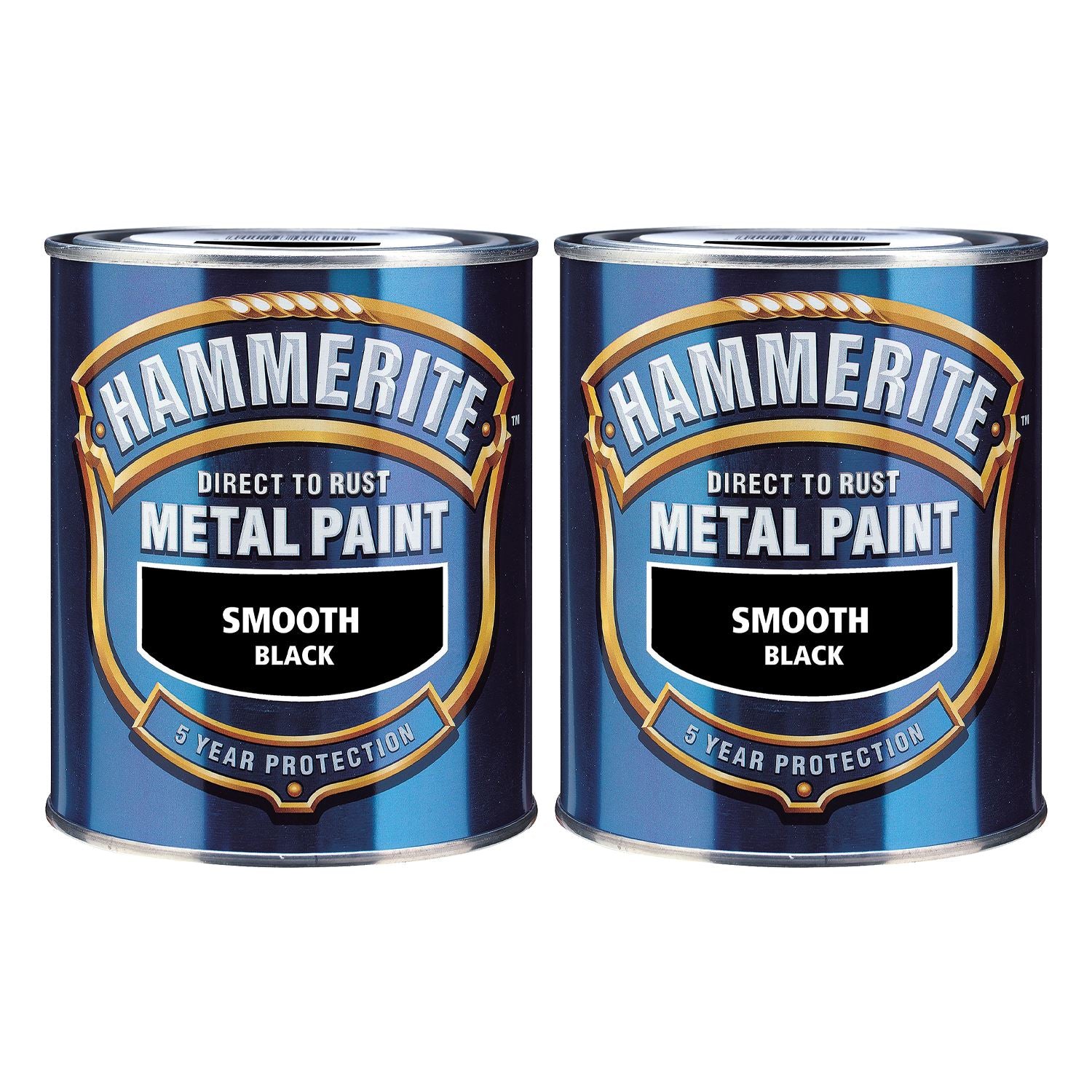 2X Hammerite Smooth Black Paint 750ml Tin Paint