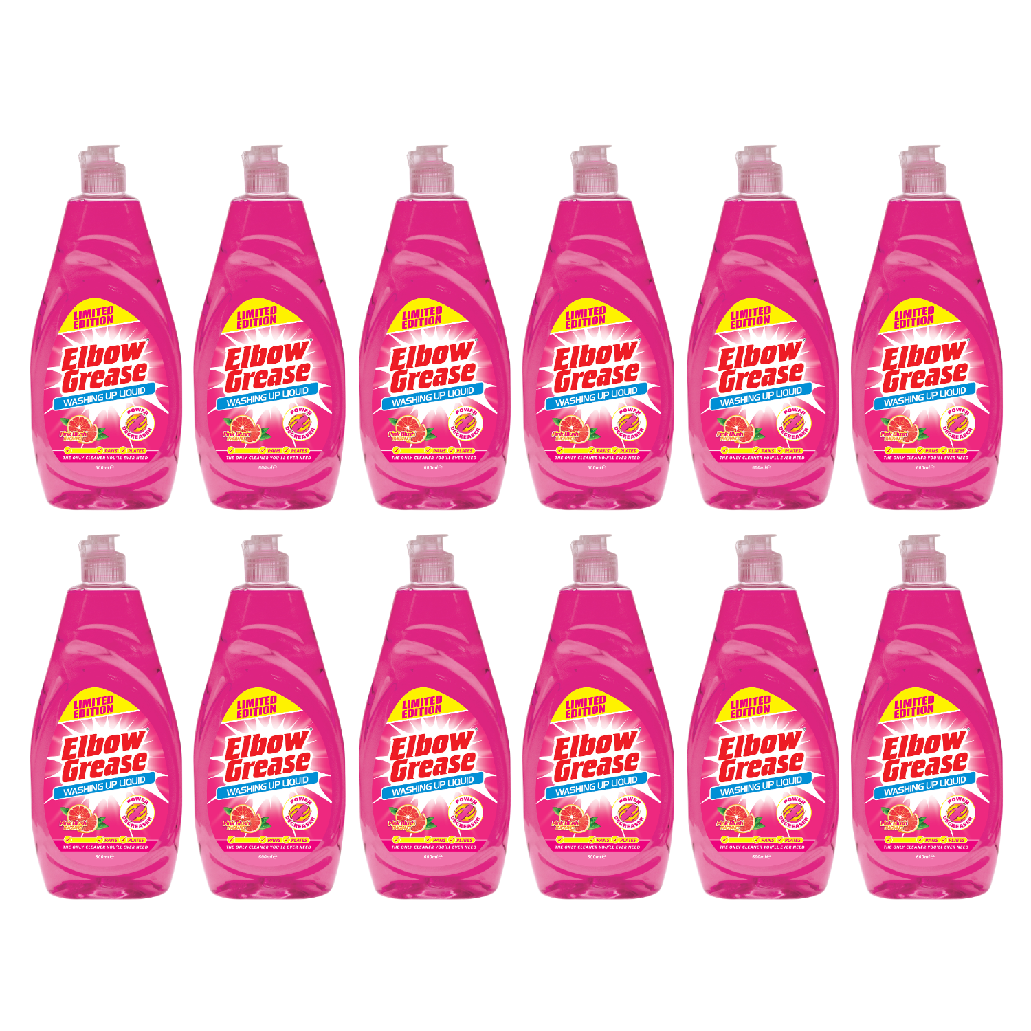 Collection of Elbow Grease pink blush washing up liquid bottles for effective dish cleaning