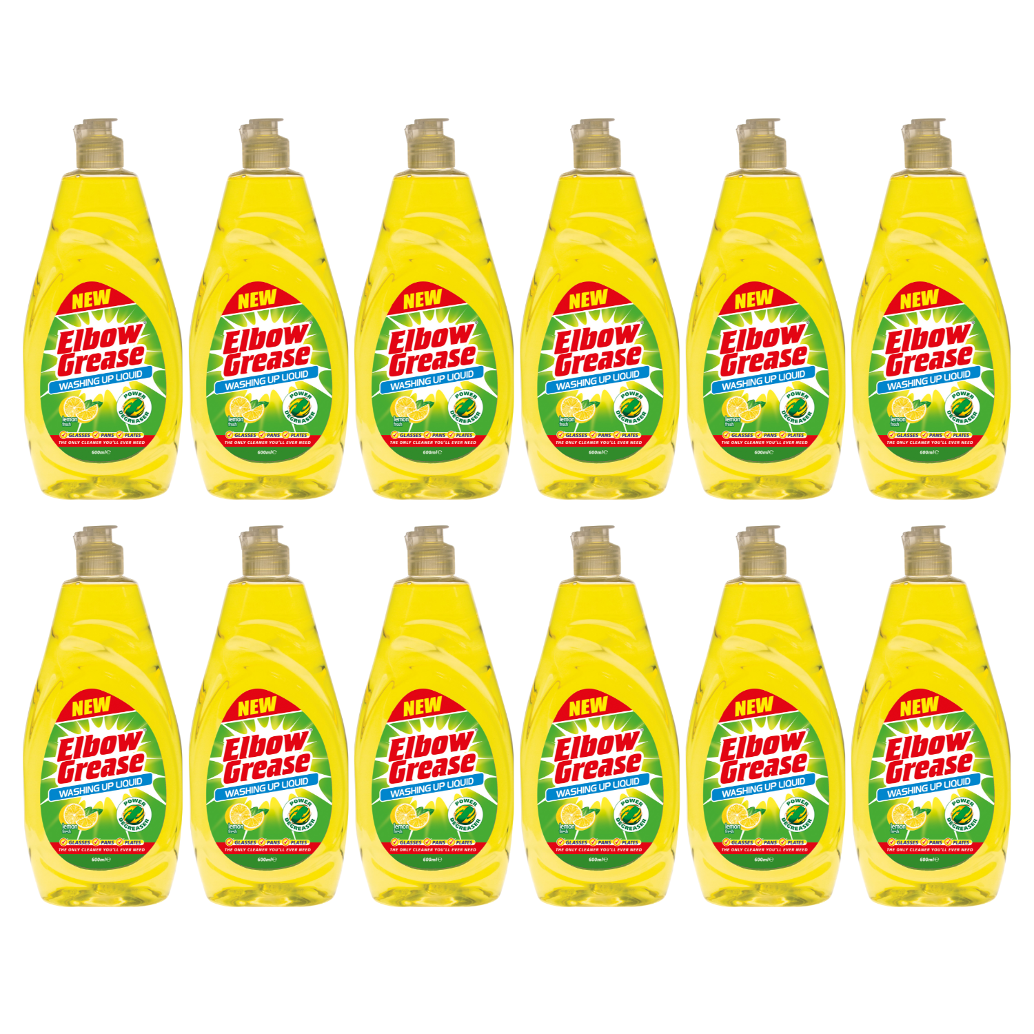 Elbow Grease washing up liquid bulk buy pack featuring twelve bottles for effective cleaning
