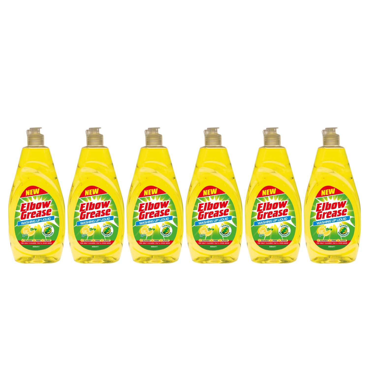 Six bottles of Elbow Grease washing up liquid lemon for effective dish cleaning and grease removal
