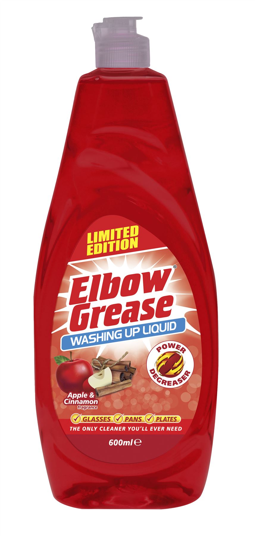 Elbow Grease washing up liquid in red bottle with apple and cinnamon scent, 600ml for effective dish cleaning