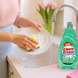 Elbow Grease washing up liquid with a person washing a plate at the sink for effective cleaning