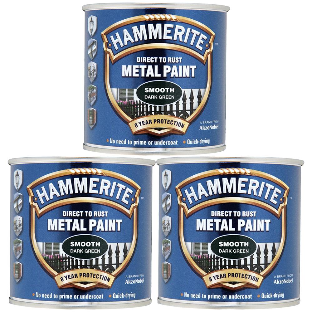 3X Hammerite Smooth Dark Green Paint 250ml Tin Paint