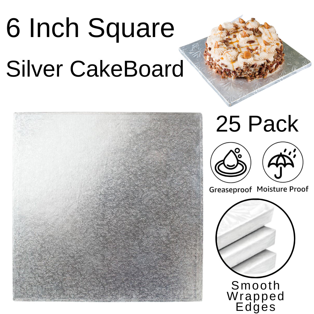 25 Boards - 6" Square Silver Double Thick Cards Cake Board