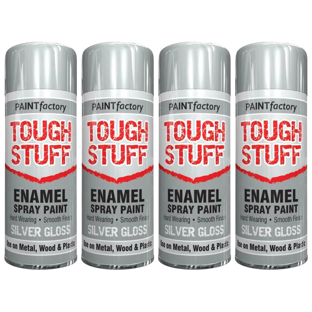 4X Paint Factory Tough Stuff Enamel Silver Gloss 400ml Spray Paint