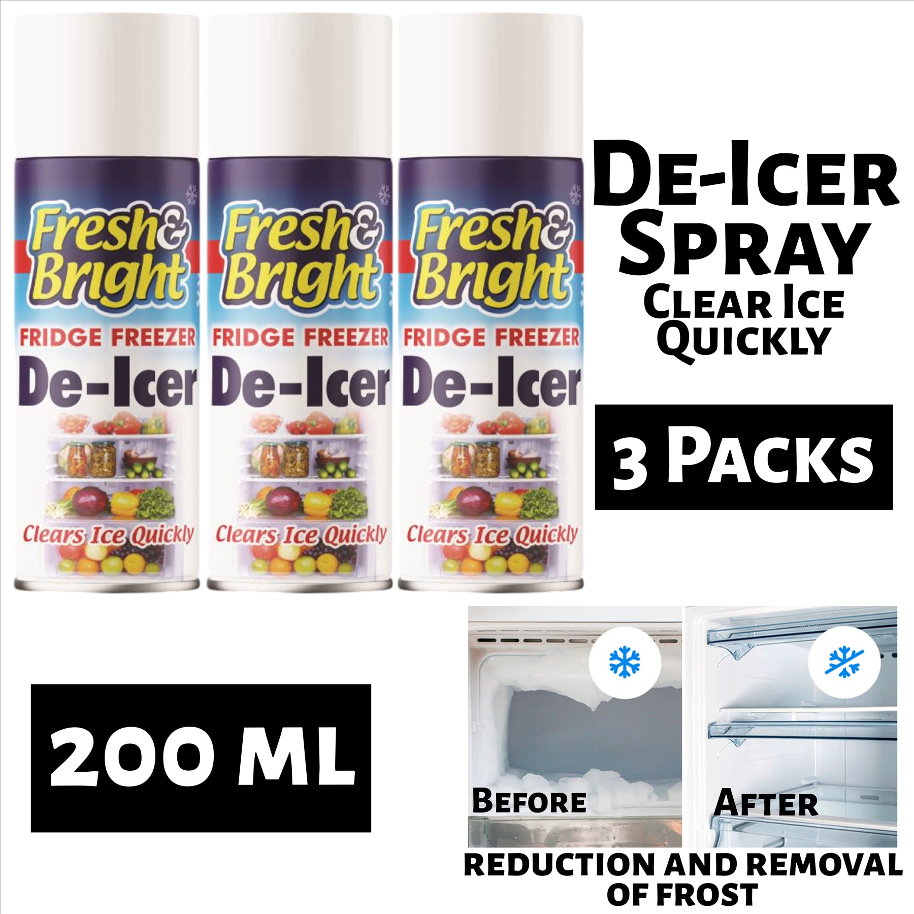 3X Fridge Freezer De Icer Spray 200ml De-Icer