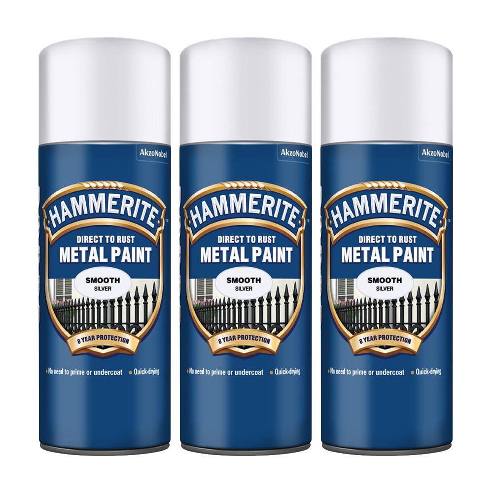 3X Hammerite Smooth Silver Spray Paint 400ml Spray Paint