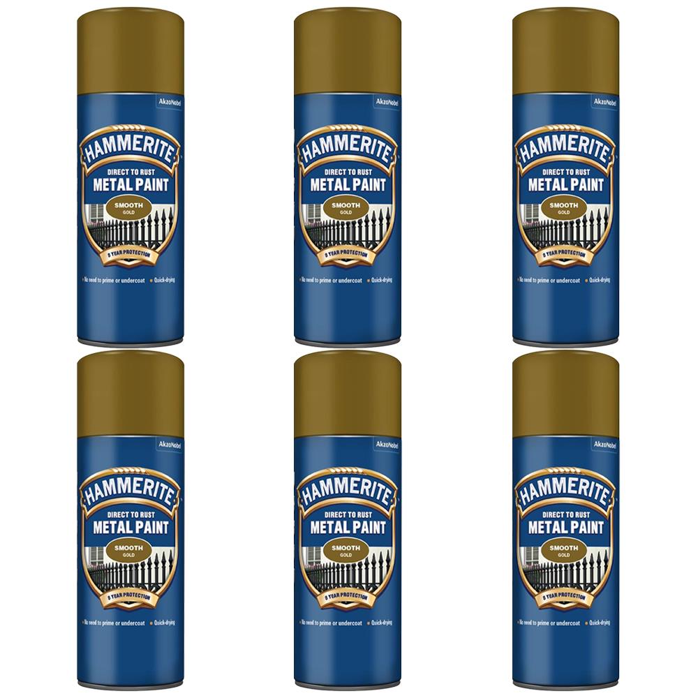 6X Hammerite Smooth Gold Spray Paint 400ml Spray Paint
