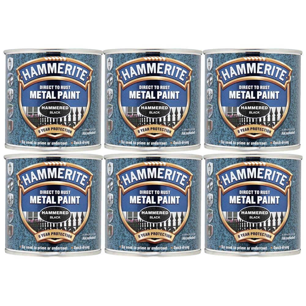 6X Hammerite Hammered Black Paint 250ml Tin Paint