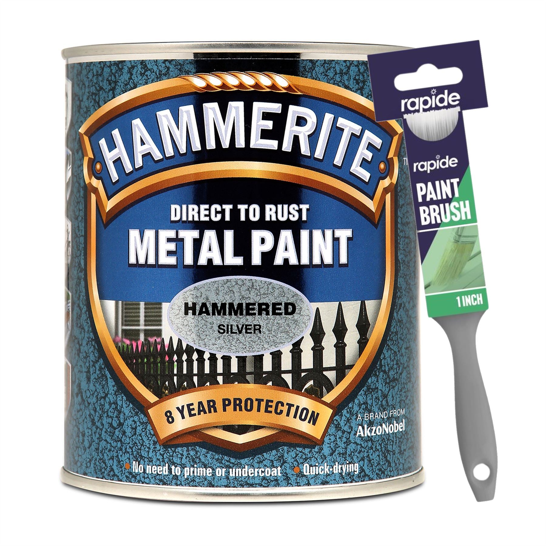 Hammerite Hammered Silver Paint 750ml With 1" Paint Brush Tin Paint