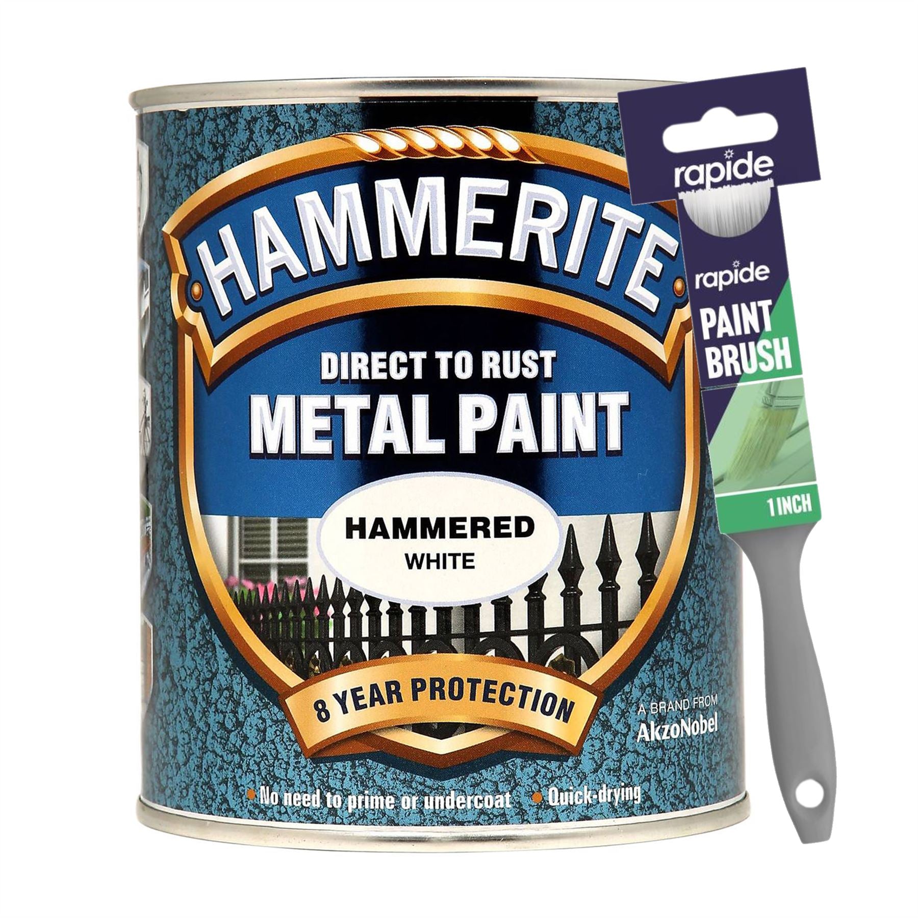 Hammerite Hammered White Paint 750ml With 1" Paint Brush Tin Paint