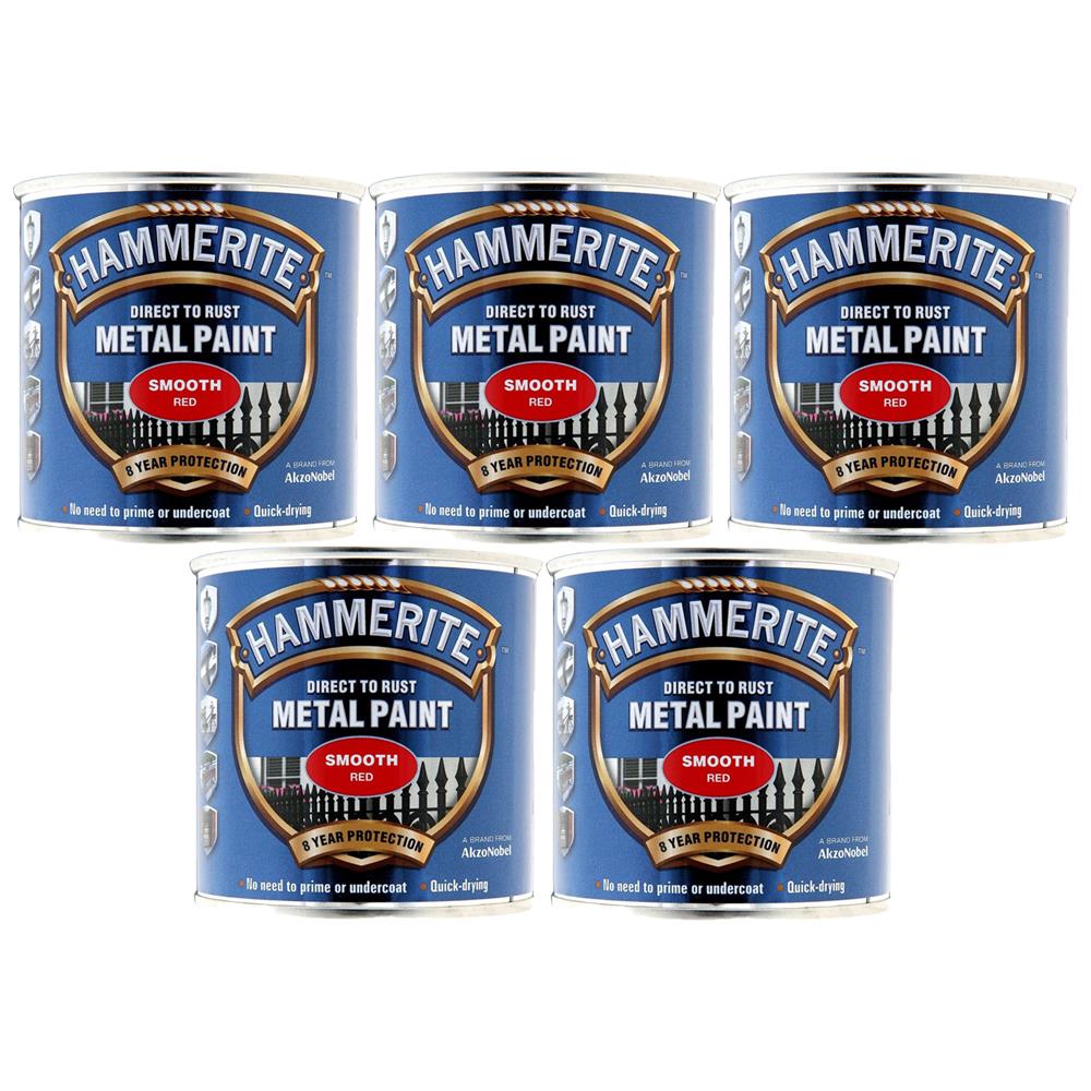 5X Hammerite Smooth Red Paint 250ml Tin Paint