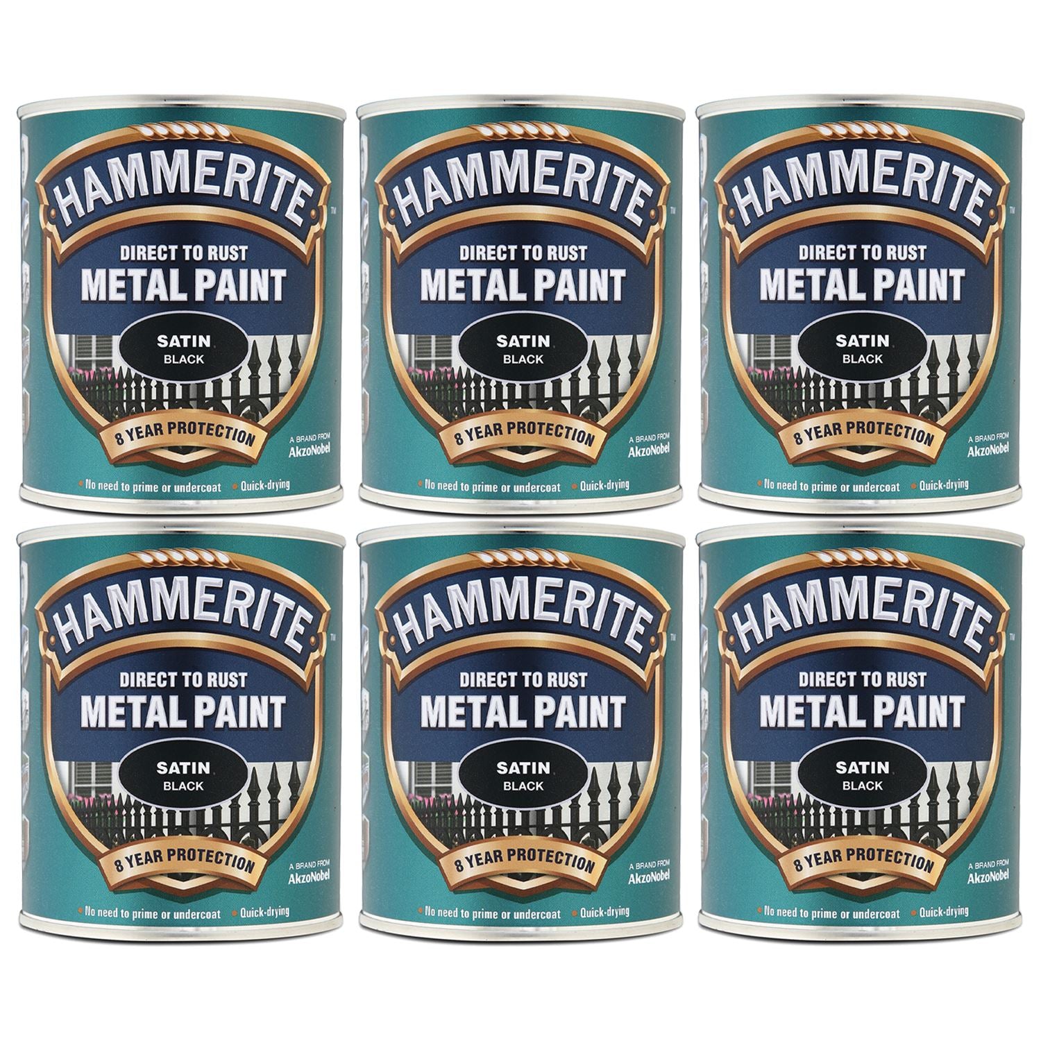 6X Hammerite Satin Black Paint 750ml Tin Paint