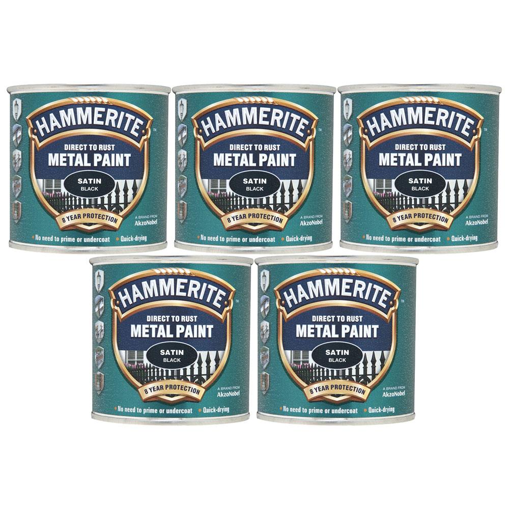 5X Hammerite Satin Black Paint 250ml Tin Paint