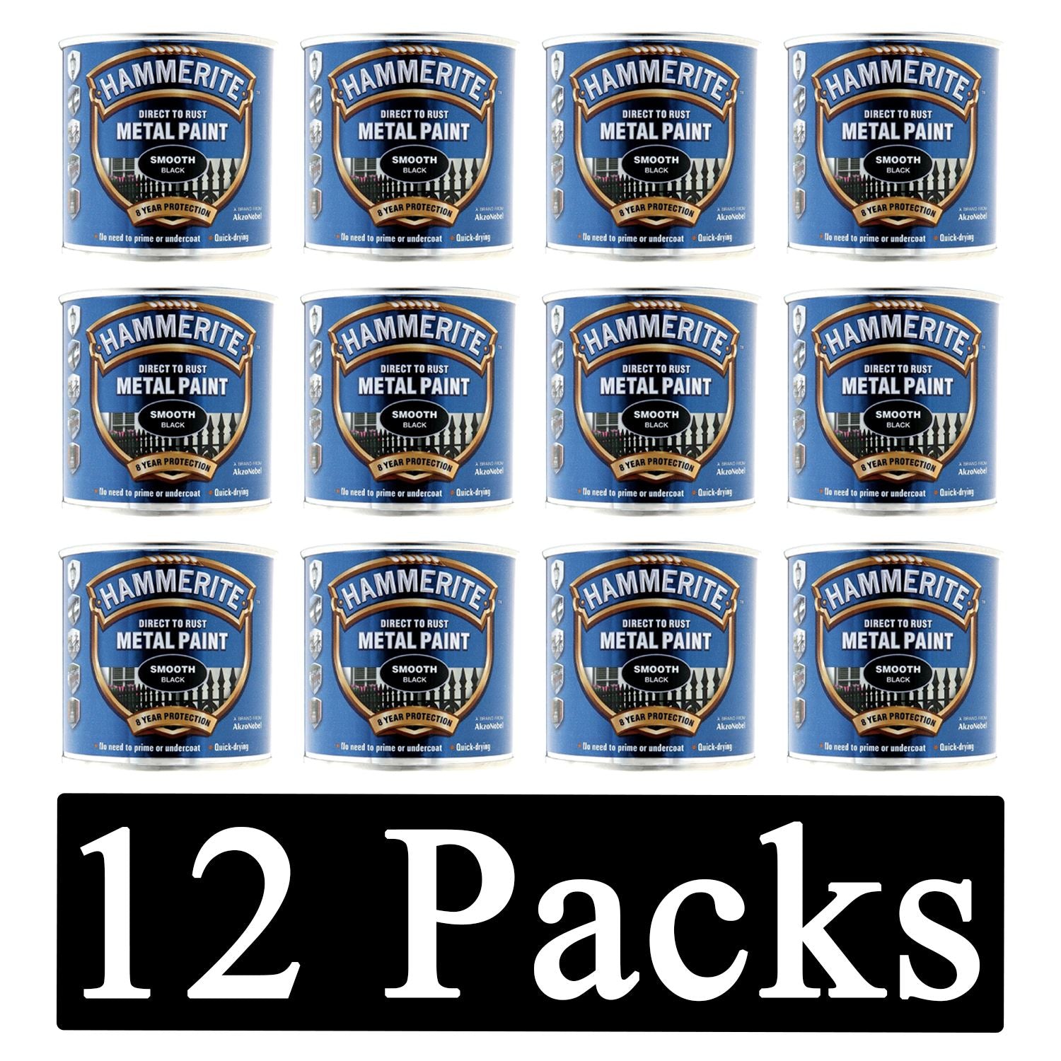 12X Hammerite Smooth Black Paint 250ml Tin Paint